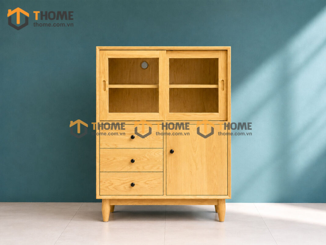 Tủ Chén Gỗ Sồi Tự Nhiên 3 Cánh 3 Hộc Kéo Mango Màu Tự Nhiên TC1T-05SN