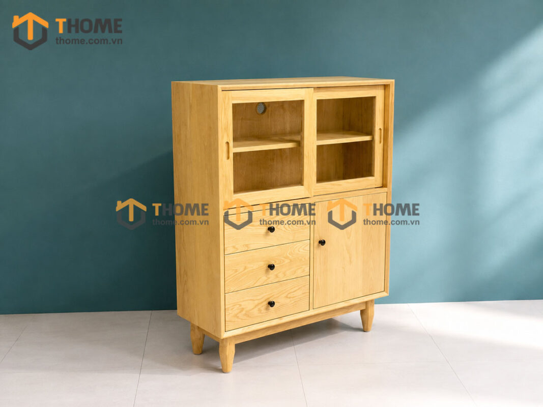 Tủ Chén Gỗ Sồi Tự Nhiên 3 Cánh 3 Hộc Kéo Mango Màu Tự Nhiên TC1T-05SN