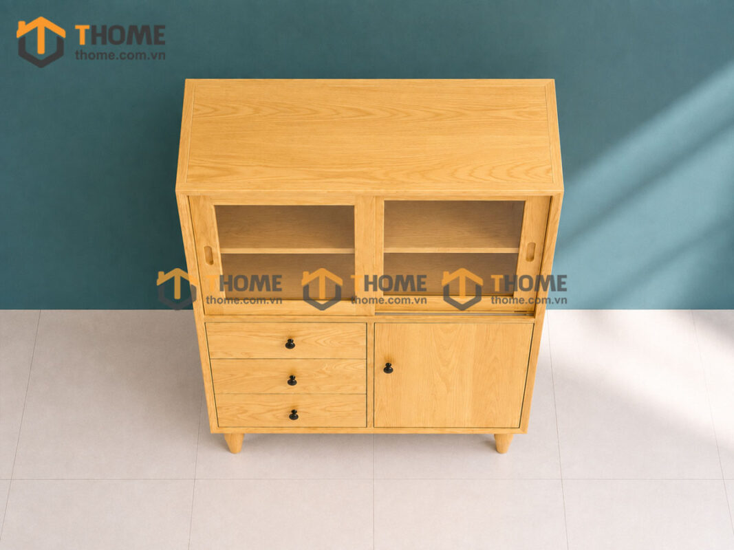 Tủ Chén Gỗ Sồi Tự Nhiên 3 Cánh 3 Hộc Kéo Mango Màu Tự Nhiên TC1T-05SN
