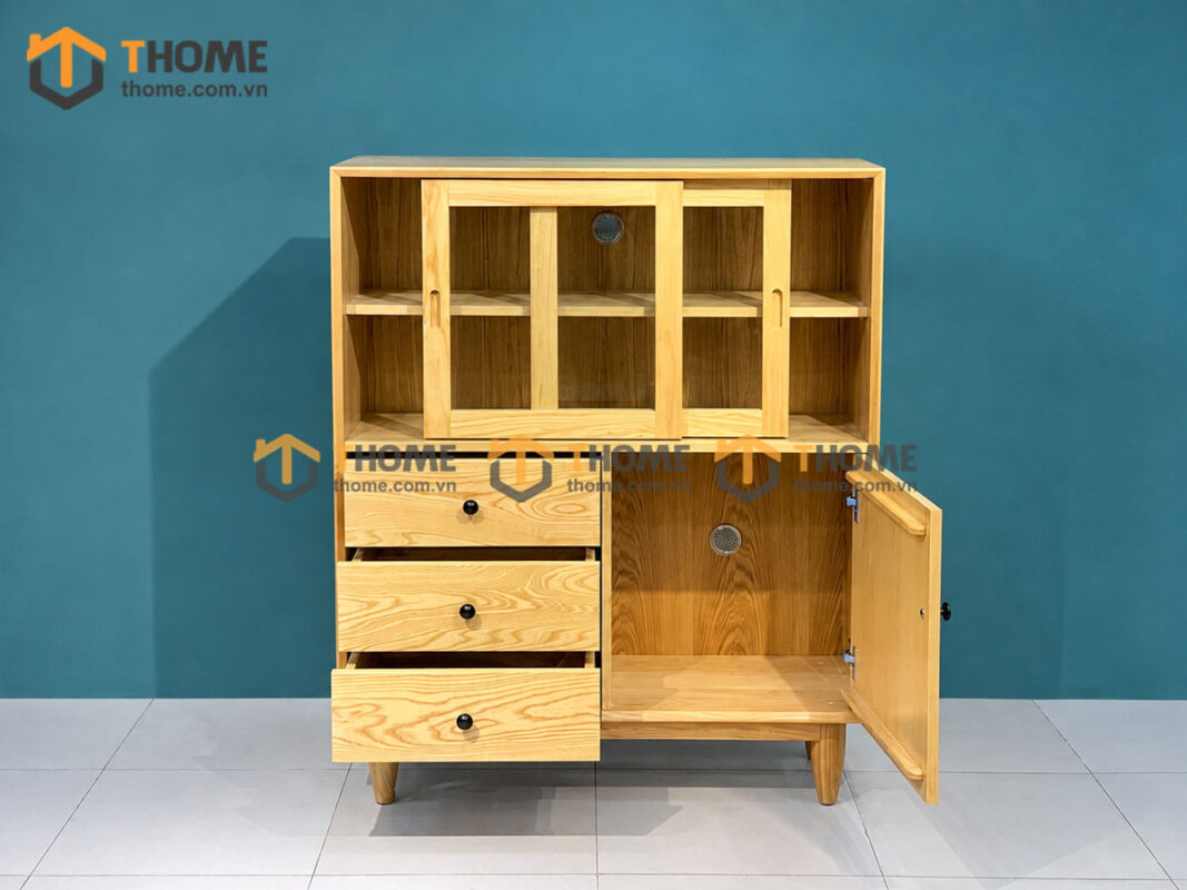 Tủ Chén Gỗ Sồi Tự Nhiên 3 Cánh 3 Hộc Kéo Mango Màu Tự Nhiên TC1T-05SN