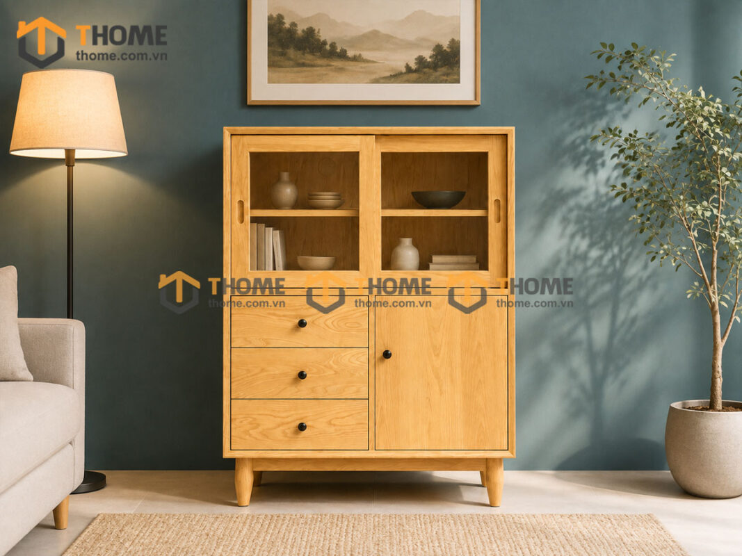 Tủ Chén Gỗ Sồi Tự Nhiên 3 Cánh 3 Hộc Kéo Mango Màu Tự Nhiên TC1T-05SN