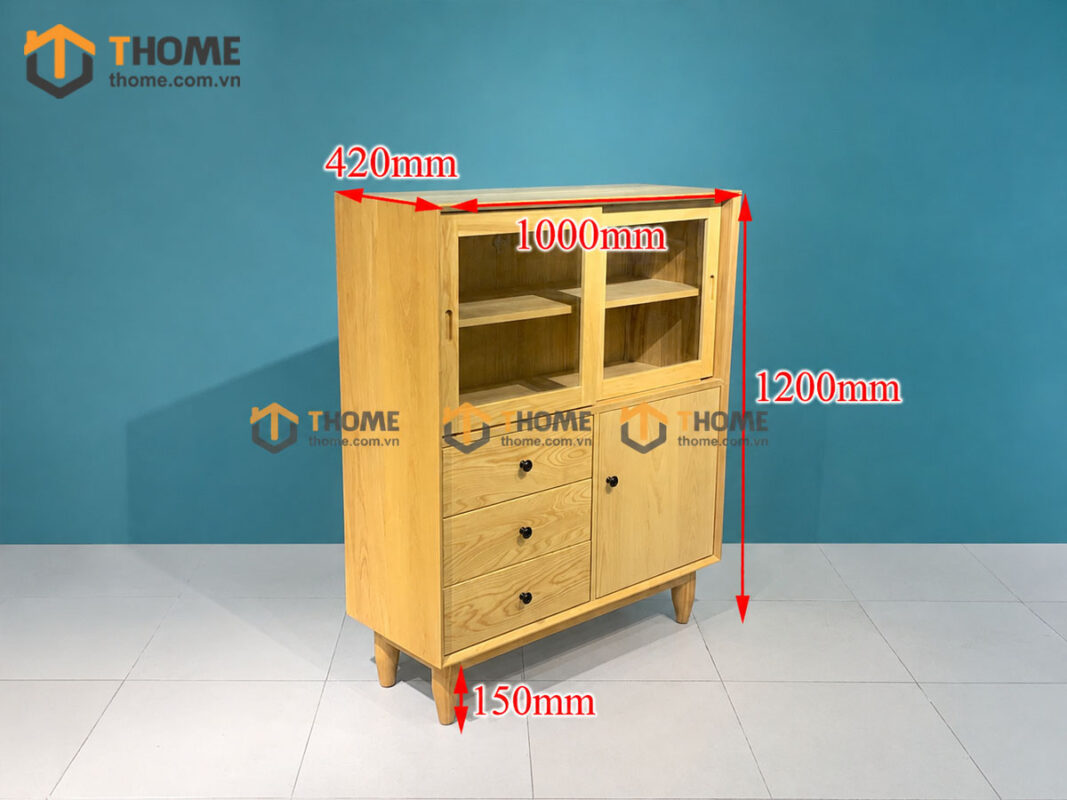 Tủ Chén Gỗ Sồi Tự Nhiên 3 Cánh 3 Hộc Kéo Mango Màu Tự Nhiên TC1T-05SN