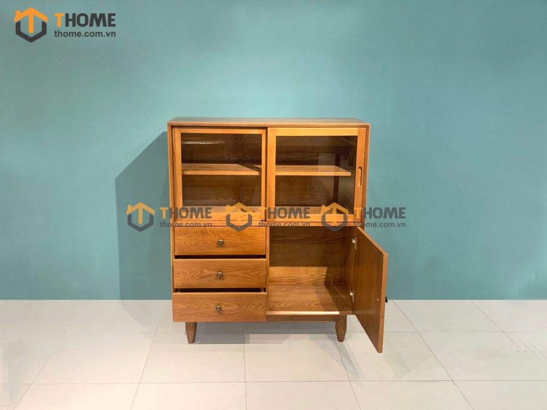 Tủ chén gỗ sồi tự nhiên 3 cánh 3 hộc kéo Mango màu xoan đào TC1T-06SN