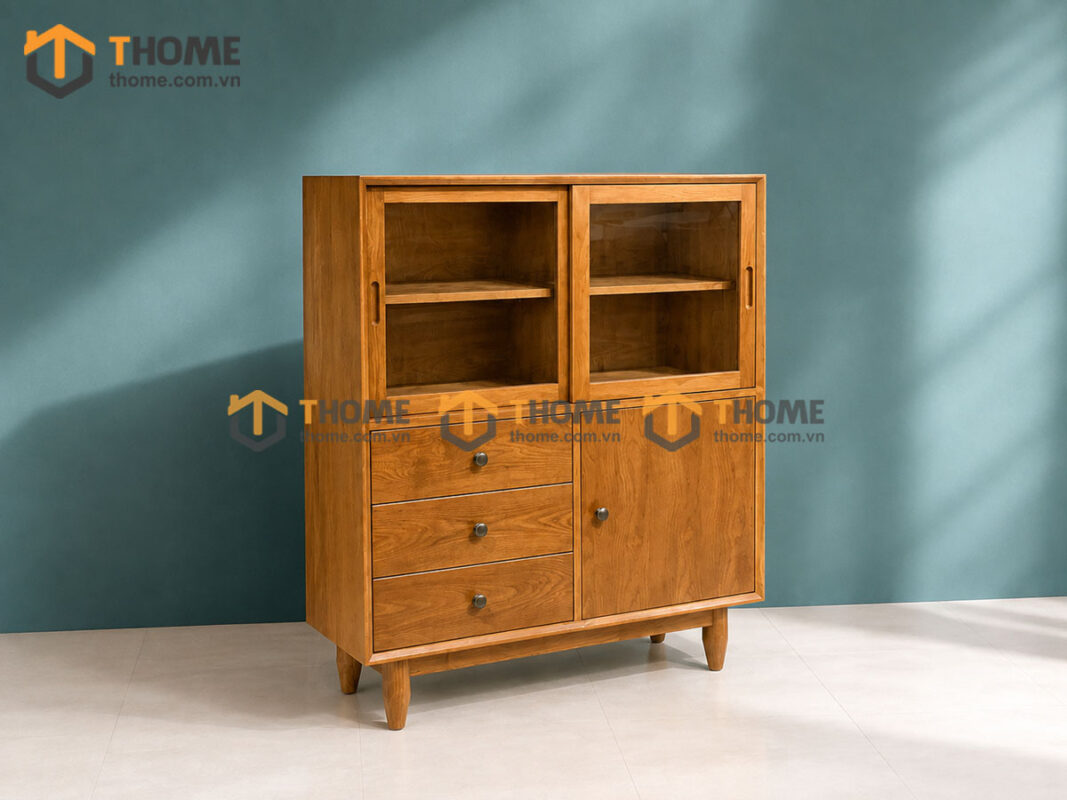 Tủ Chén Gỗ Sồi Tự Nhiên 3 Cánh 3 Hộc Kéo Mango Màu Xoan Đào TC1T-06SN