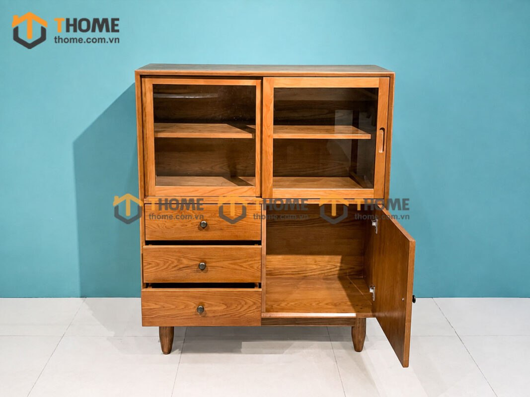 Tủ Chén Gỗ Sồi Tự Nhiên 3 Cánh 3 Hộc Kéo Mango Màu Xoan Đào TC1T-06SN