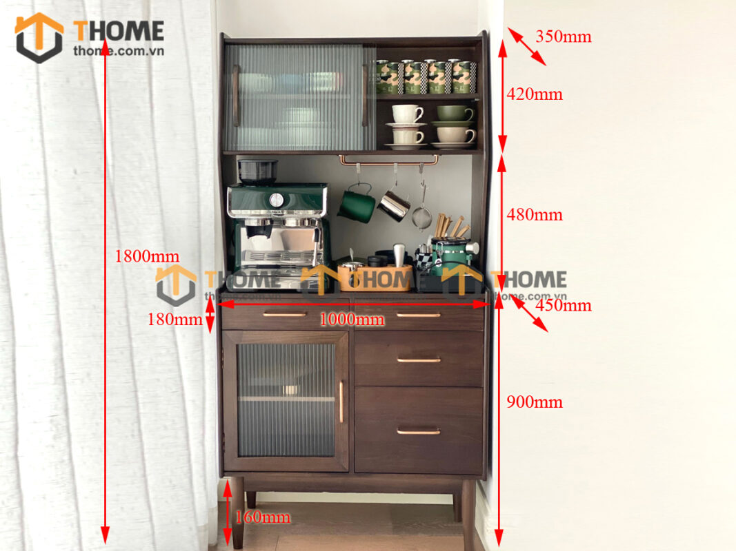 Tủ Chén Gỗ Sồi Tự Nhiên 2 Tầng 4 Hộc Kéo TC2T-09SN