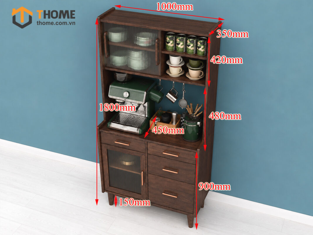 Tủ Chén Gỗ Sồi Tự Nhiên 2 Tầng 4 Hộc Kéo TC2T-09SN