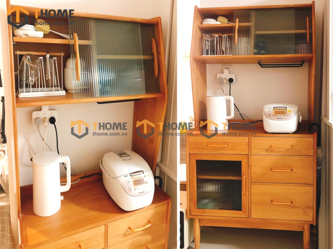 Tủ chén gỗ sồi tự nhiên 2 tầng 2 cánh 4 hộc kéo TC2T-08SN