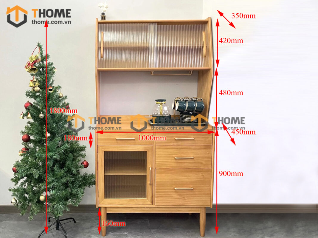 Tủ Chén Gỗ Sồi Tự Nhiên 2 Tầng 2 Cánh 4 Hộc Kéo TC2T-08SN