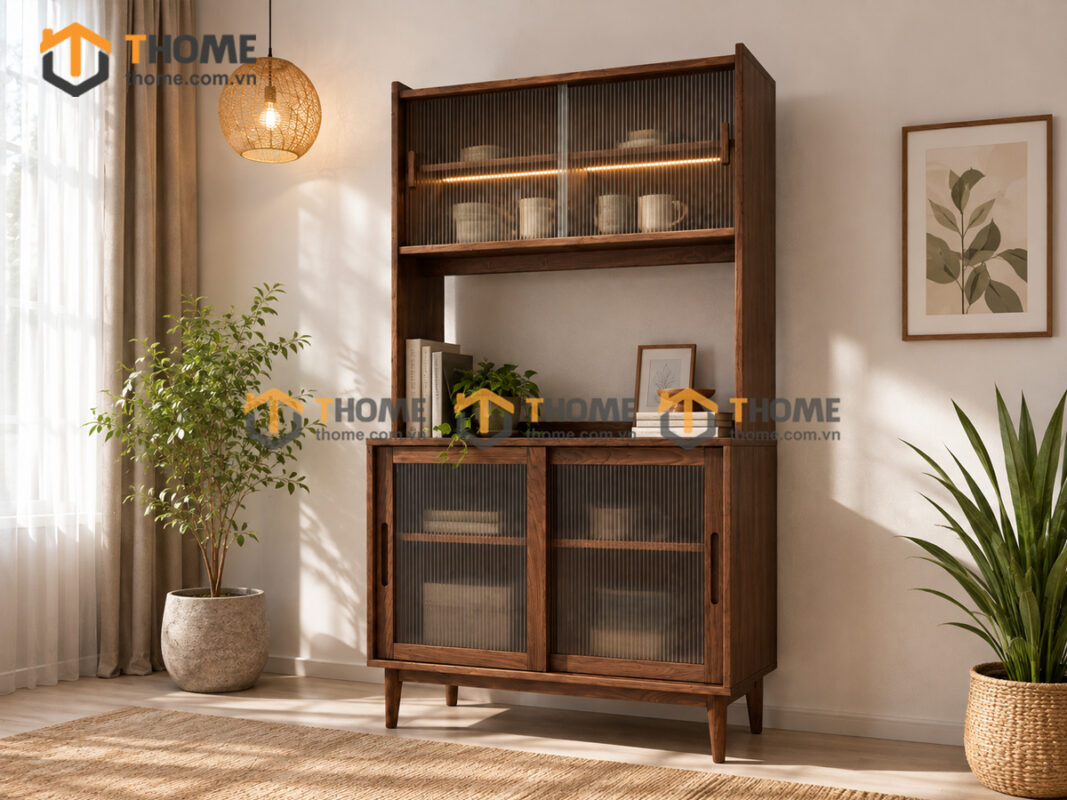 Tủ Chén Gỗ Sồi Tự Nhiên 2 Tầng 2 Cánh 4 Hộc Kéo TC2T-08SN