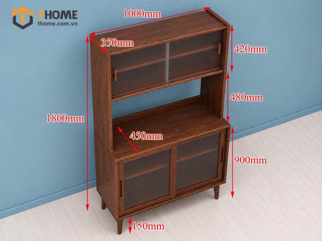 Tủ Chén Gỗ Sồi Tự Nhiên 2 Tầng 2 Cánh 4 Hộc Kéo TC2T-08SN