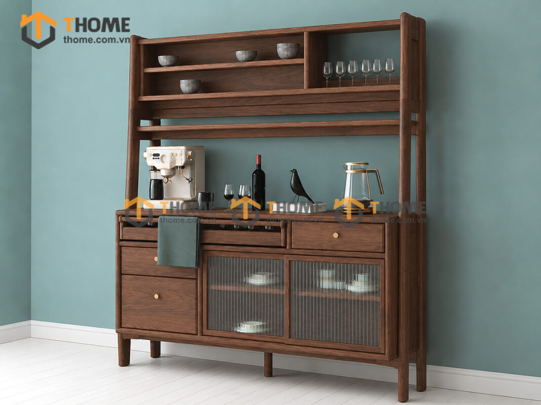 Tủ Chén Gỗ Sồi Tự Nhiên 2 Tầng 2 Cánh Lùa TC2T-11SN
