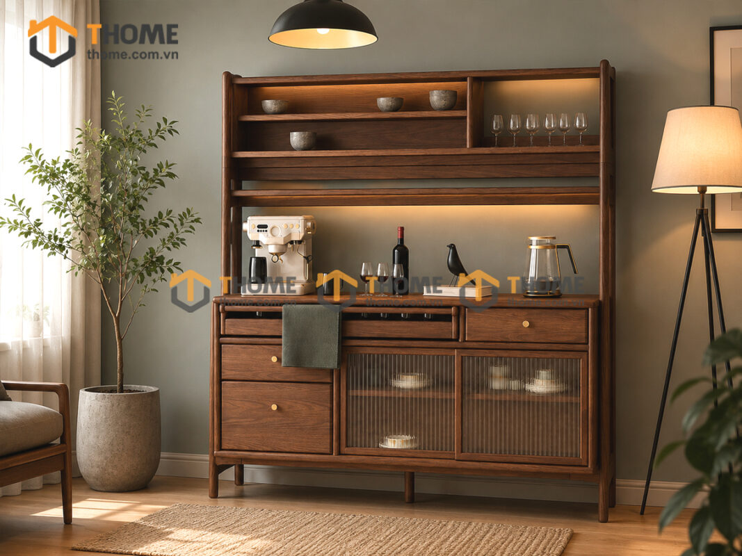 Tủ Chén Gỗ Sồi Tự Nhiên 2 Tầng 2 Cánh Lùa TC2T-11SN