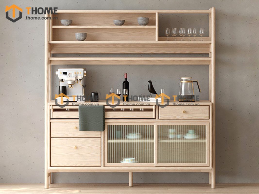 Tủ chén gỗ sồi tự nhiên 2 tầng 2 cánh lùa TC2T-11SN