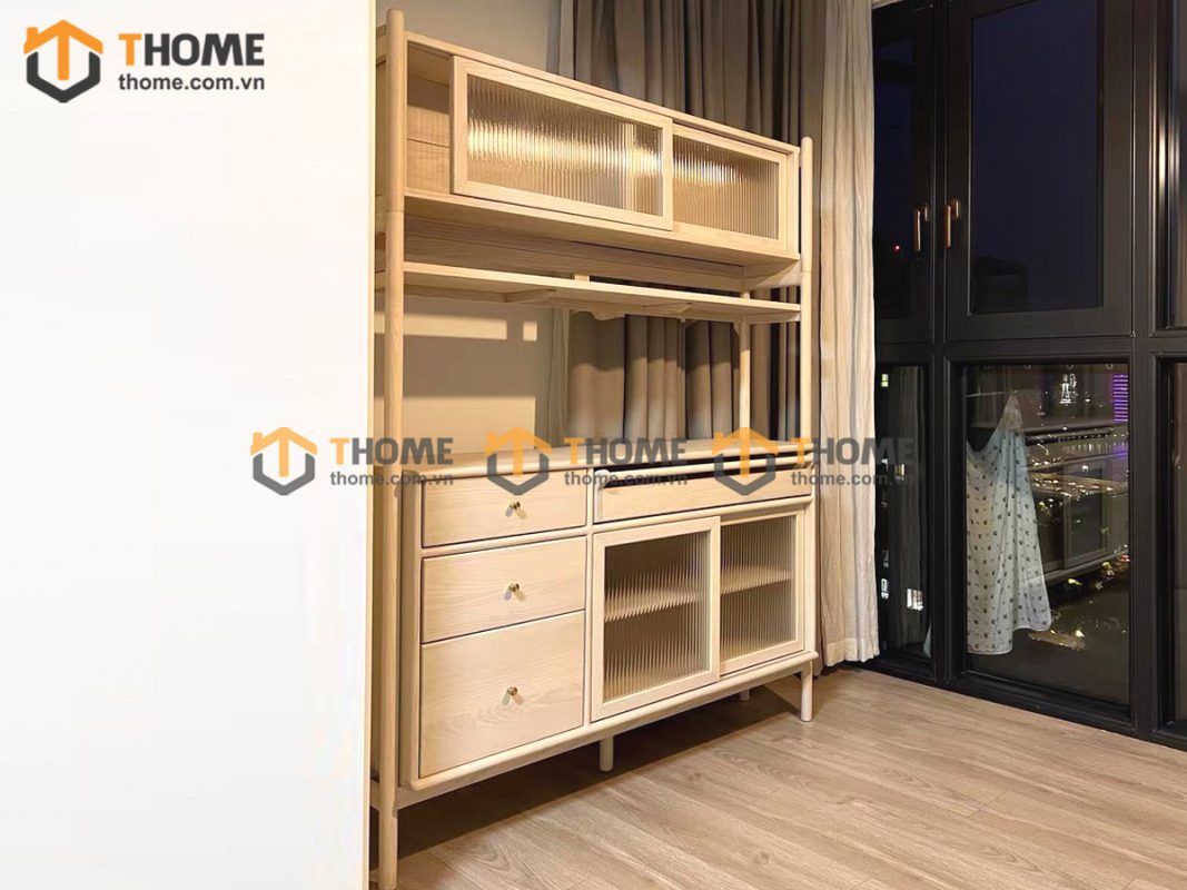Tủ chén gỗ sồi tự nhiên 2 tầng 2 cánh lùa TC2T-11SN