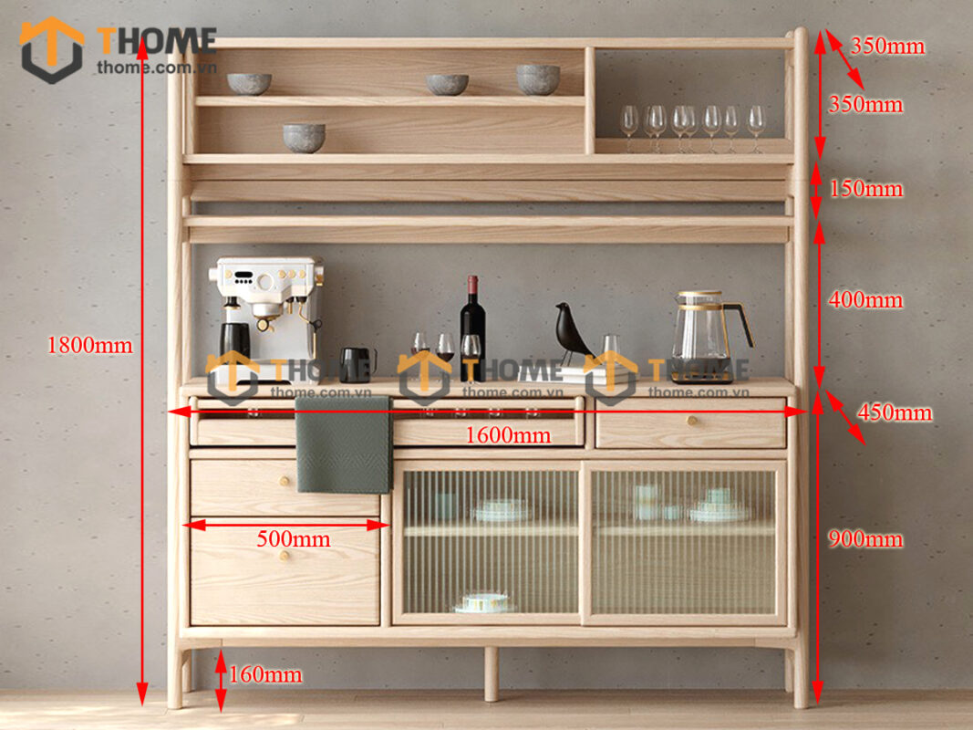 Tủ Chén Gỗ Sồi Tự Nhiên 2 Tầng 2 Cánh Lùa TC2T-11SN