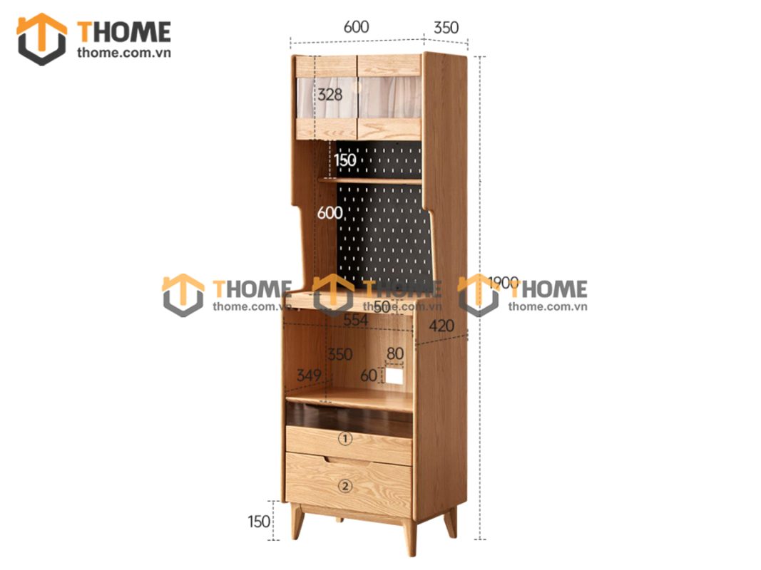 Tủ chén gỗ sồi tự nhiên 2 tầng 2 hộc kéo TC2T-04SN
