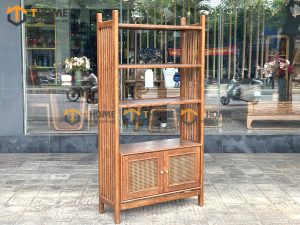 Tủ chén gỗ sồi tự nhiên 2 tầng 2 cánh mở mây TC2T-03SN