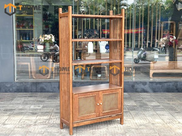 Tủ chén gỗ sồi tự nhiên 2 tầng 2 cánh mở mây TC2T-03SN