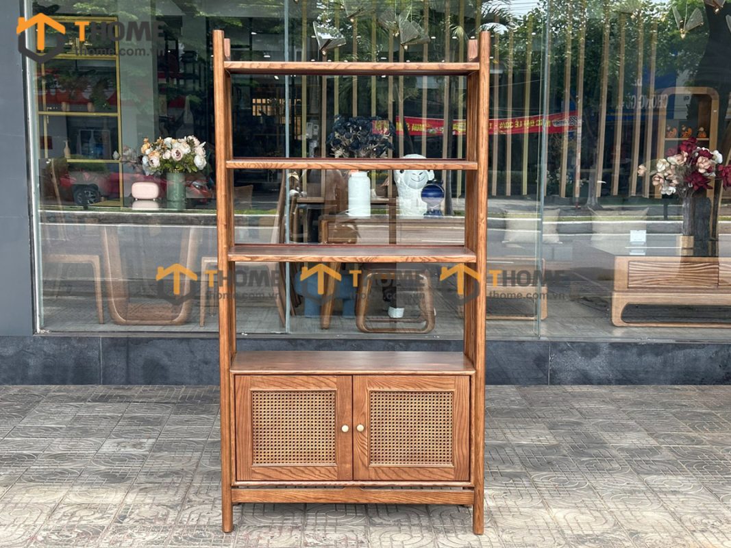 Tủ chén gỗ sồi tự nhiên 2 tầng 2 cánh mở mây TC2T-03SN