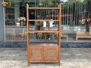 Tủ chén gỗ sồi tự nhiên 2 tầng 2 cánh mở mây TC2T-03SN