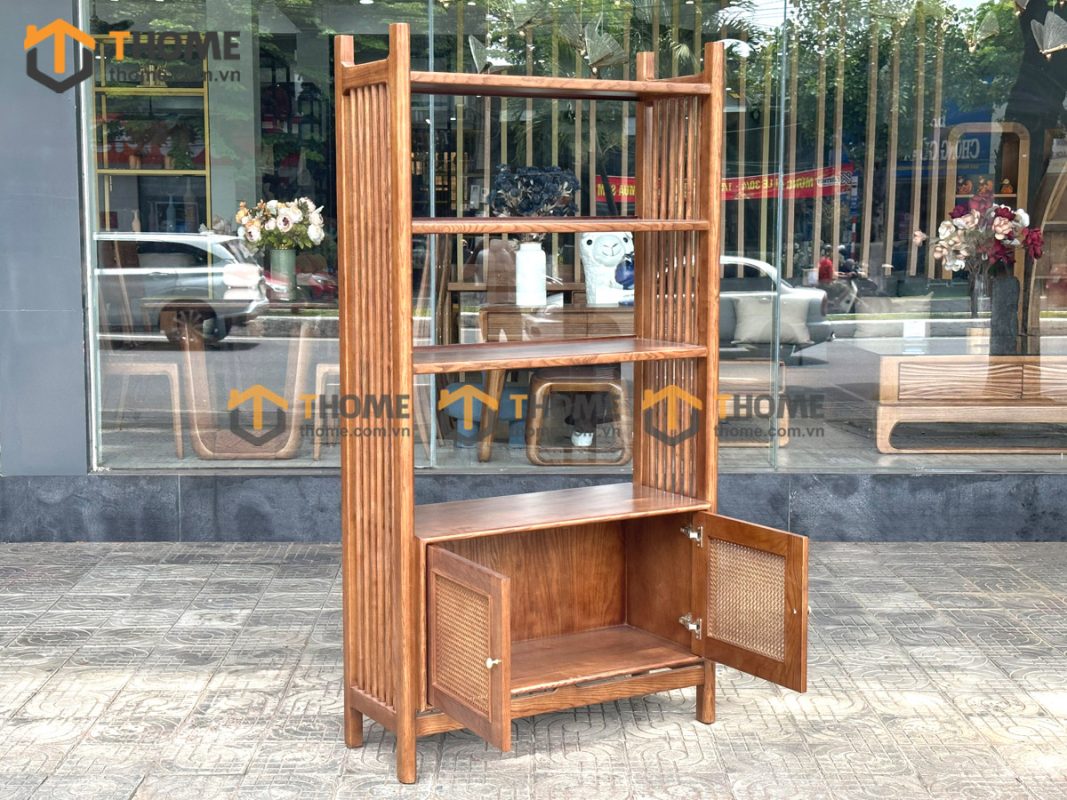 Tủ chén gỗ sồi tự nhiên 2 tầng 2 cánh mở mây TC2T-03SN