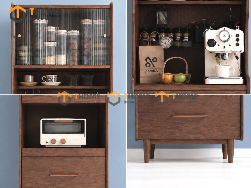 Tủ Chén Gỗ Sồi Tự Nhiên 2 Tầng 4 Cánh 1 Hộc Kéo TC2T-05SN