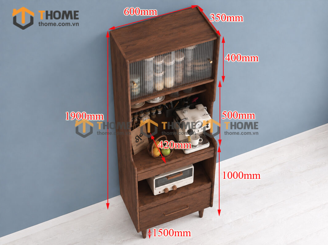 Tủ Chén Gỗ Sồi Tự Nhiên 2 Tầng 4 Cánh 1 Hộc Kéo TC2T-05SN