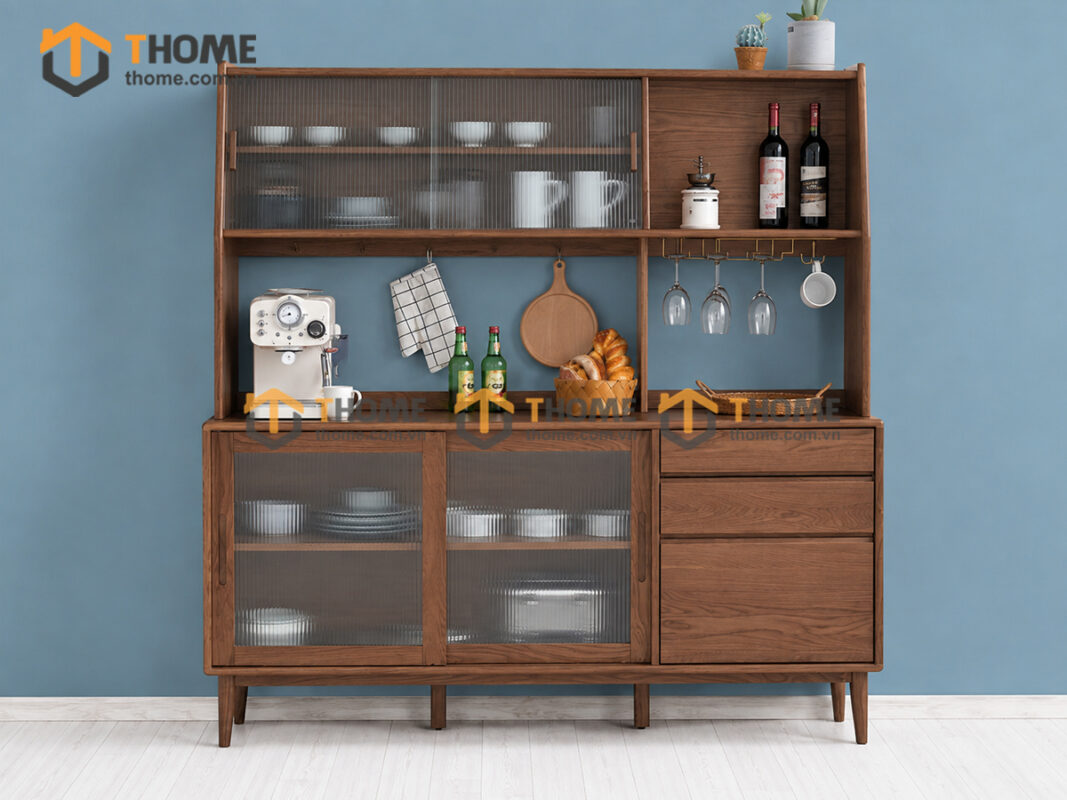 Tủ Chén Gỗ Sồi Tự Nhiên 2 Tầng 4 Cánh Lùa 2 Hộc Kéo TC2T-13SN