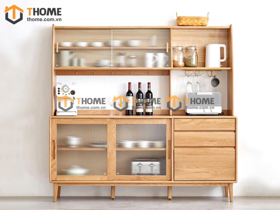 Tủ chén gỗ sồi tự nhiên 2 tầng 4 cánh lùa 2 hộc kéo TC2T-13SN