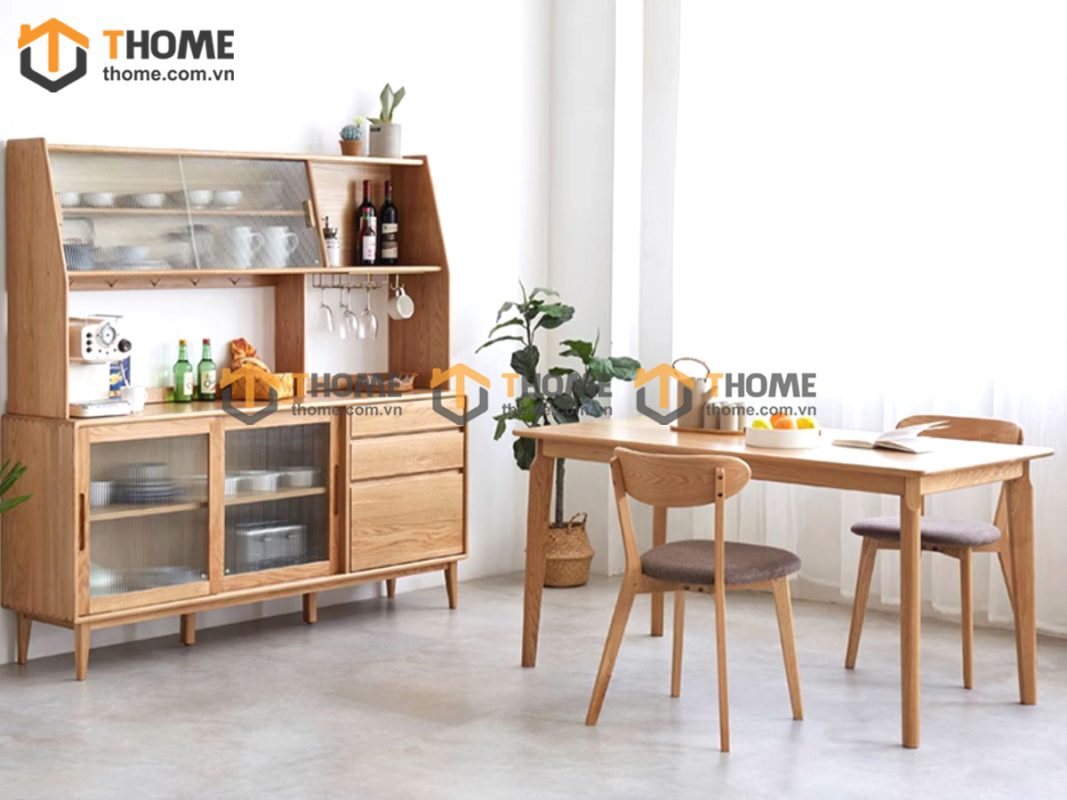 Tủ chén gỗ sồi tự nhiên 2 tầng 4 cánh lùa 2 hộc kéo TC2T-13SN