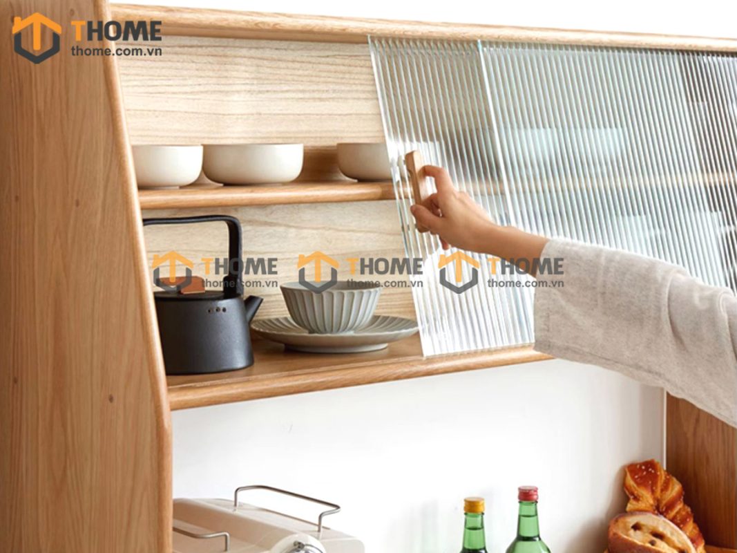 Tủ chén gỗ sồi tự nhiên 2 tầng 4 cánh lùa 2 hộc kéo TC2T-13SN