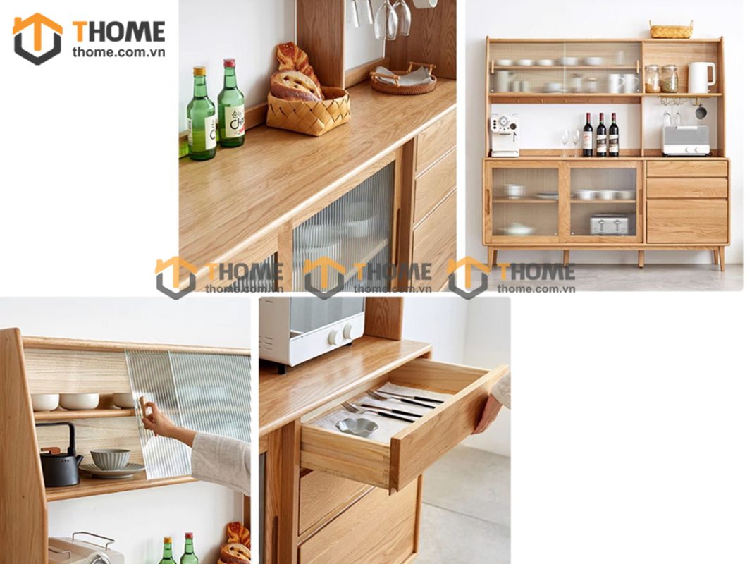 Tủ chén gỗ sồi tự nhiên 2 tầng 4 cánh lùa 2 hộc kéo TC2T-13SN