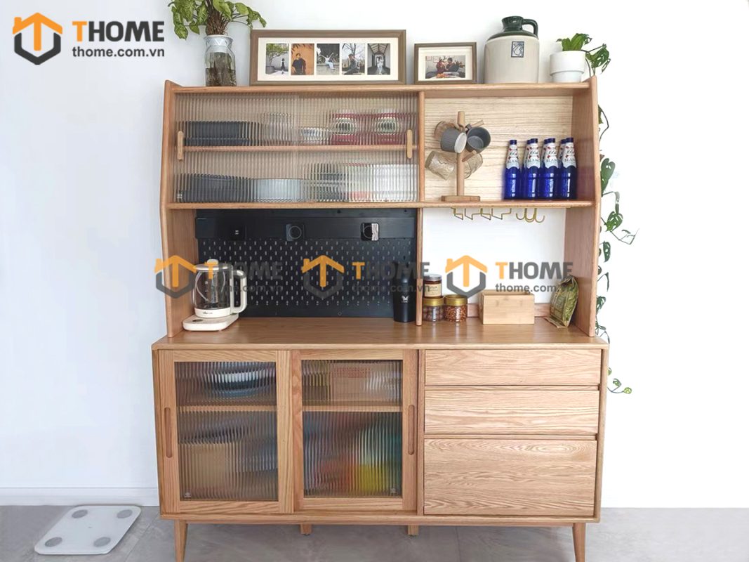 Tủ chén gỗ sồi tự nhiên 2 tầng 4 cánh lùa 2 hộc kéo TC2T-13SN
