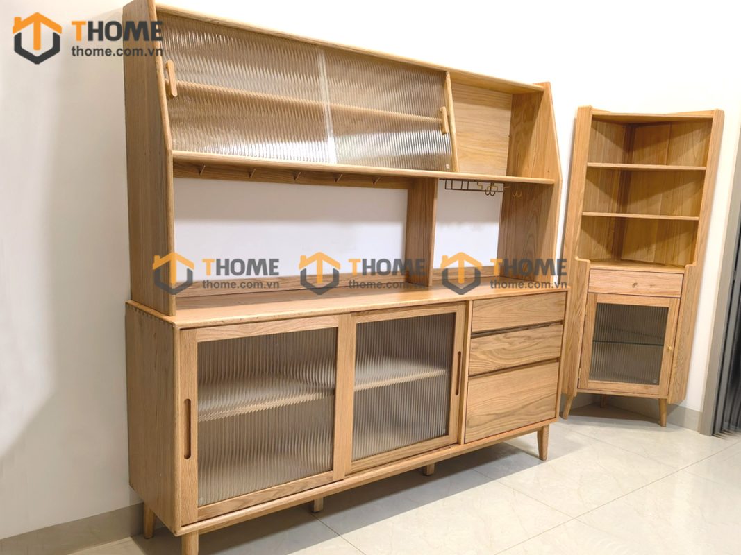 Tủ chén gỗ sồi tự nhiên 2 tầng 4 cánh lùa 2 hộc kéo TC2T-13SN