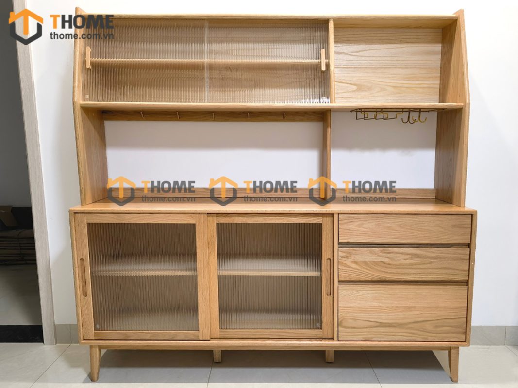 Tủ chén gỗ sồi tự nhiên 2 tầng 4 cánh lùa 2 hộc kéo TC2T-13SN