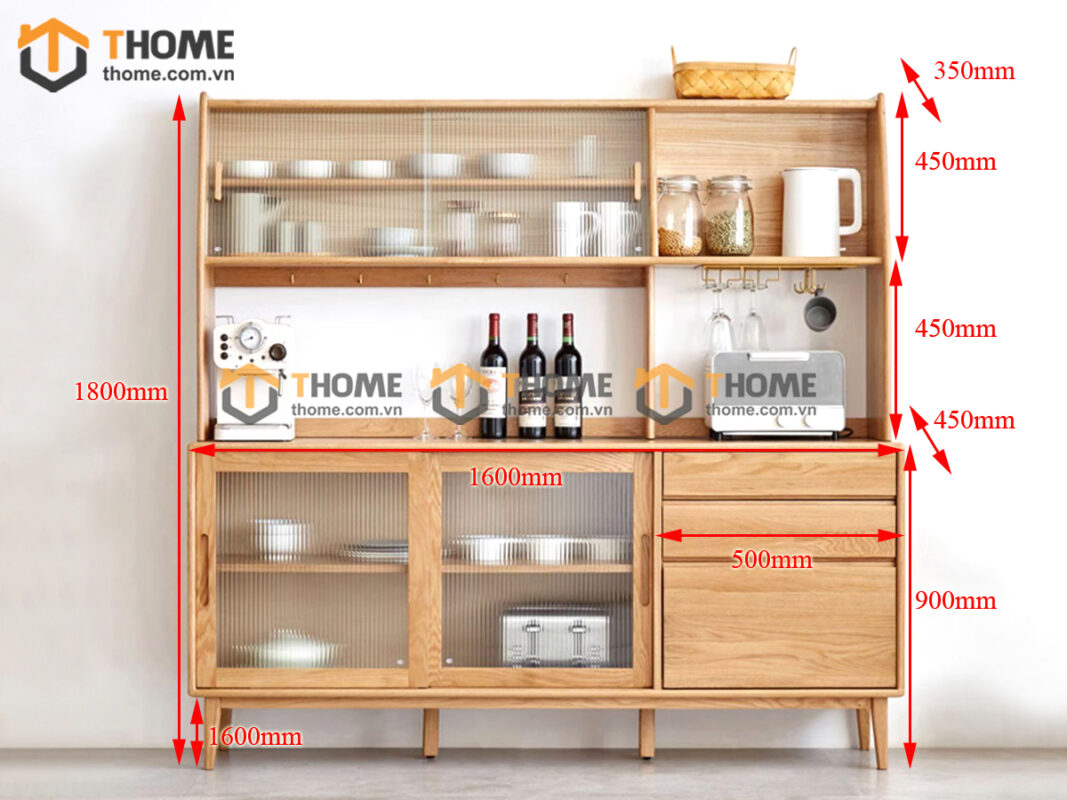 Tủ Chén Gỗ Sồi Tự Nhiên 2 Tầng 4 Cánh Lùa 2 Hộc Kéo TC2T-13SN