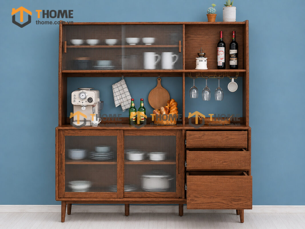Tủ Chén Gỗ Sồi Tự Nhiên 2 Tầng 4 Cánh Lùa 2 Hộc Kéo TC2T-13SN
