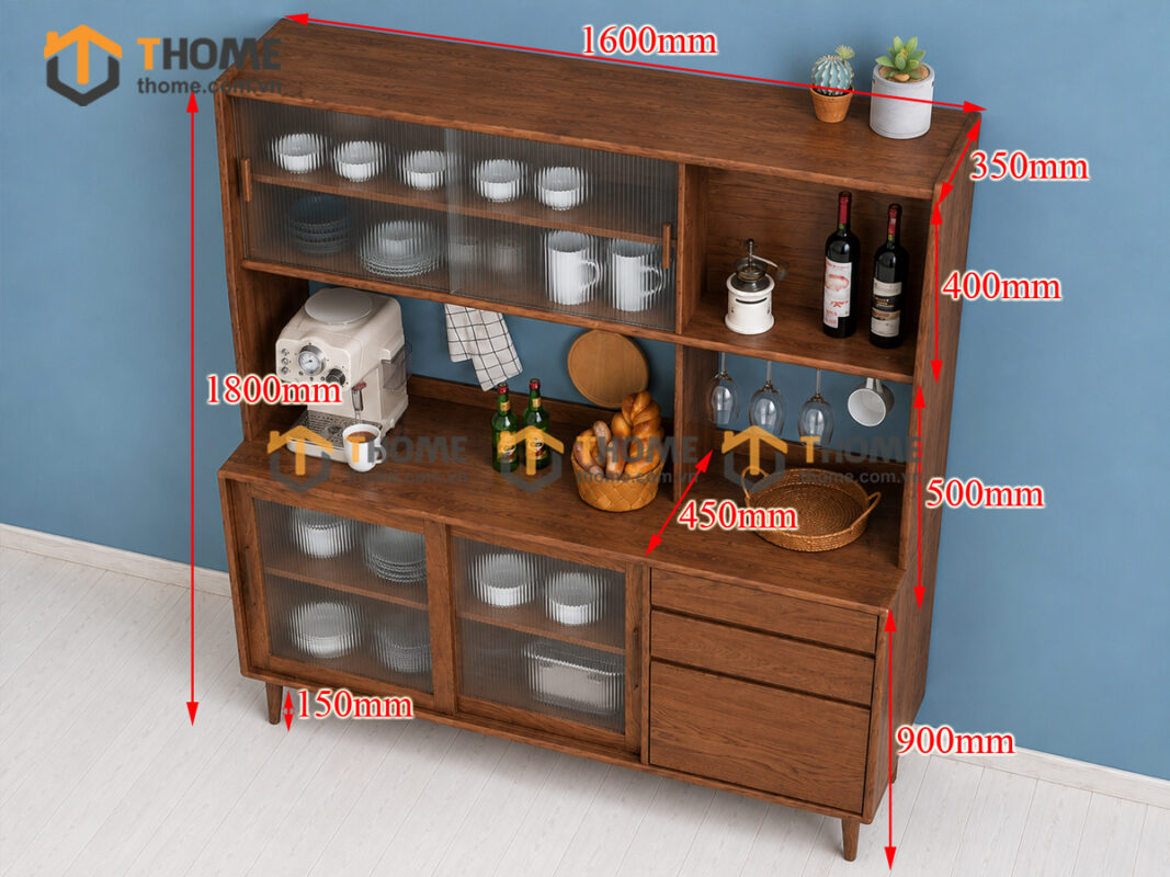 Tủ Chén Gỗ Sồi Tự Nhiên 2 Tầng 4 Cánh Lùa 2 Hộc Kéo TC2T-13SN