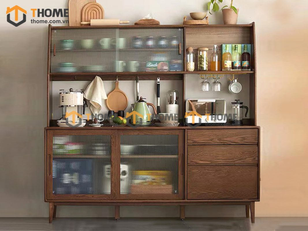 Tủ chén gỗ sồi tự nhiên 2 tầng 4 cánh lùa 2 hộc kéo TC2T-14SN