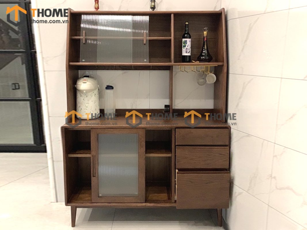 Tủ chén gỗ sồi tự nhiên 2 tầng 4 cánh lùa 2 hộc kéo TC2T-14SN