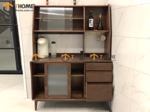 Tủ chén gỗ sồi tự nhiên 2 tầng 4 cánh lùa 2 hộc kéo TC2T-14SN