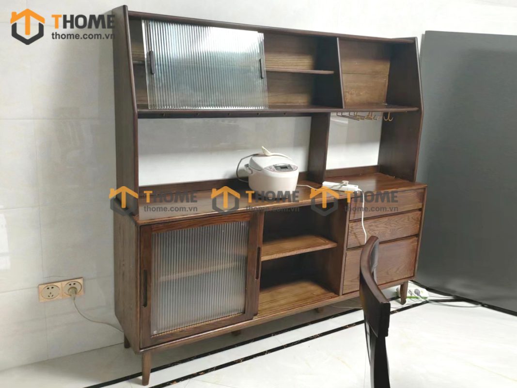 Tủ chén gỗ sồi tự nhiên 2 tầng 4 cánh lùa 2 hộc kéo TC2T-14SN