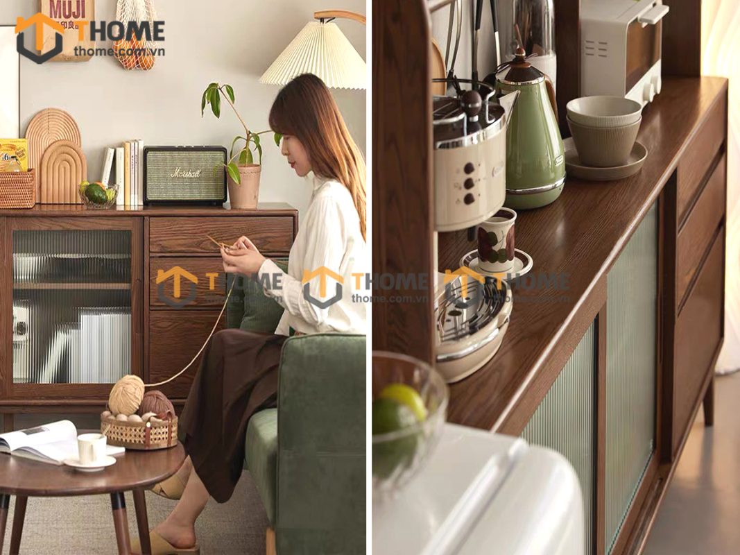 Tủ chén gỗ sồi tự nhiên 2 tầng 4 cánh lùa 2 hộc kéo TC2T-14SN
