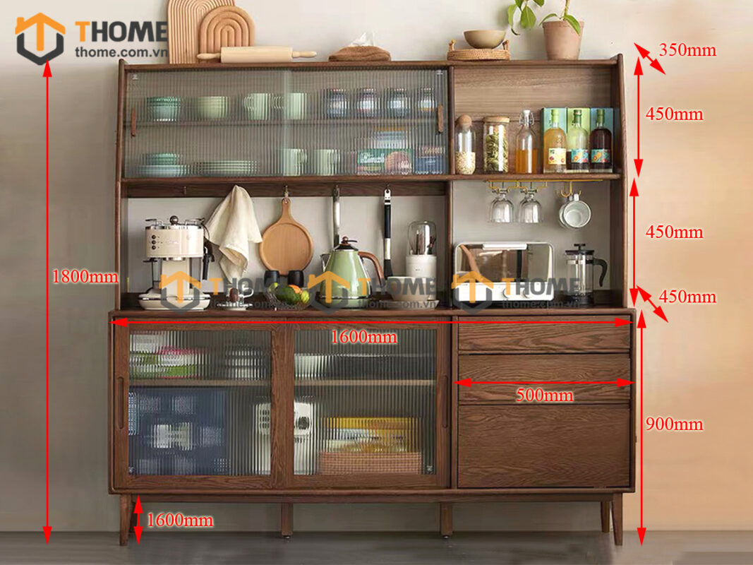 Tủ Chén Gỗ Sồi Tự Nhiên 2 Tầng 4 Cánh Lùa 2 Hộc Kéo TC2T-14SN