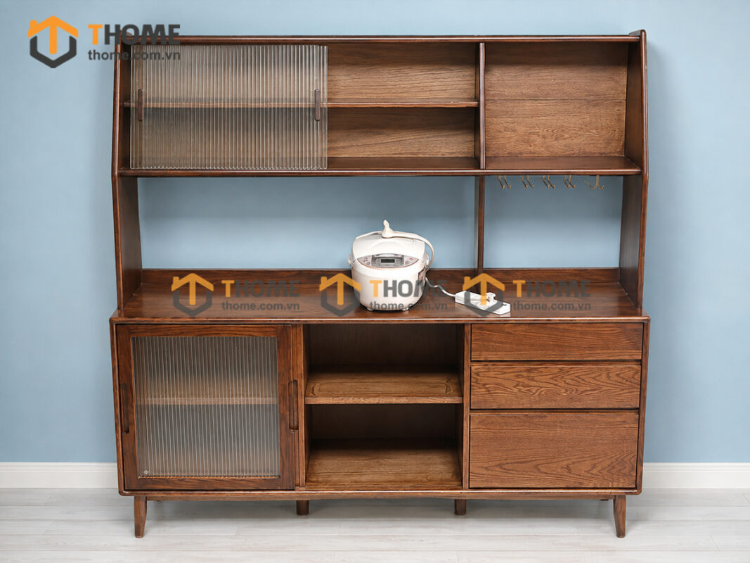 Tủ Chén Gỗ Sồi Tự Nhiên 2 Tầng 4 Cánh Lùa 2 Hộc Kéo TC2T-14SN