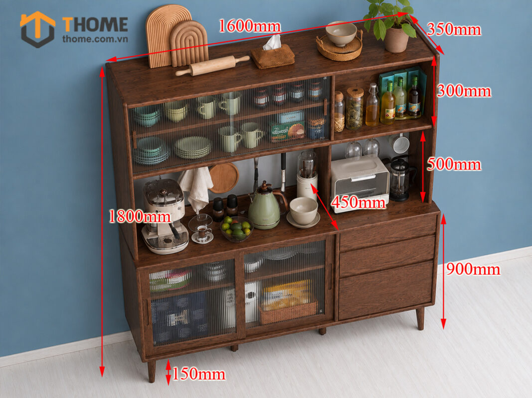 Tủ Chén Gỗ Sồi Tự Nhiên 2 Tầng 4 Cánh Lùa 2 Hộc Kéo TC2T-14SN