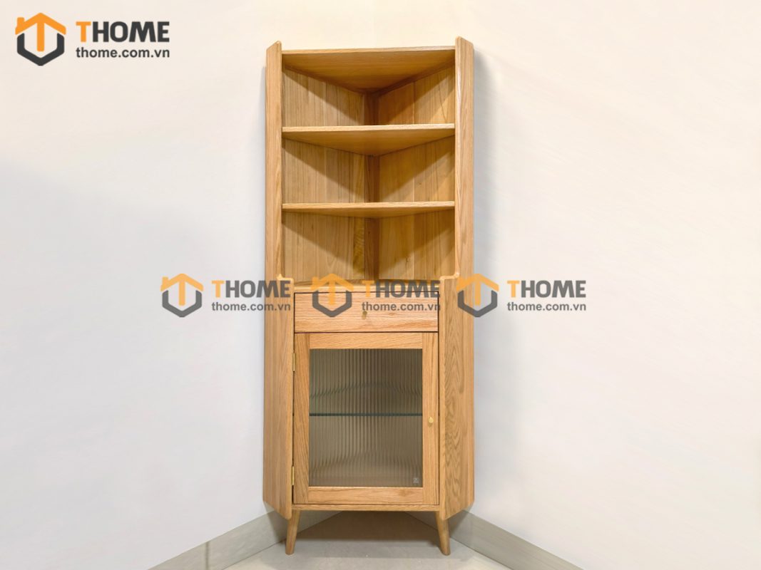 Tủ chén gỗ sồi tự nhiên 2 tầng góc 1 cánh 1 hộc kéo TC2T-07SN