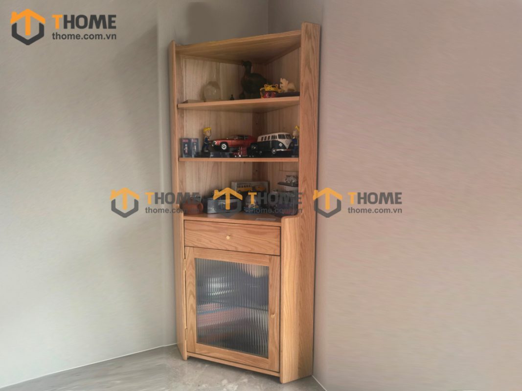 Tủ chén gỗ sồi tự nhiên 2 tầng góc 1 cánh 1 hộc kéo TC2T-07SN