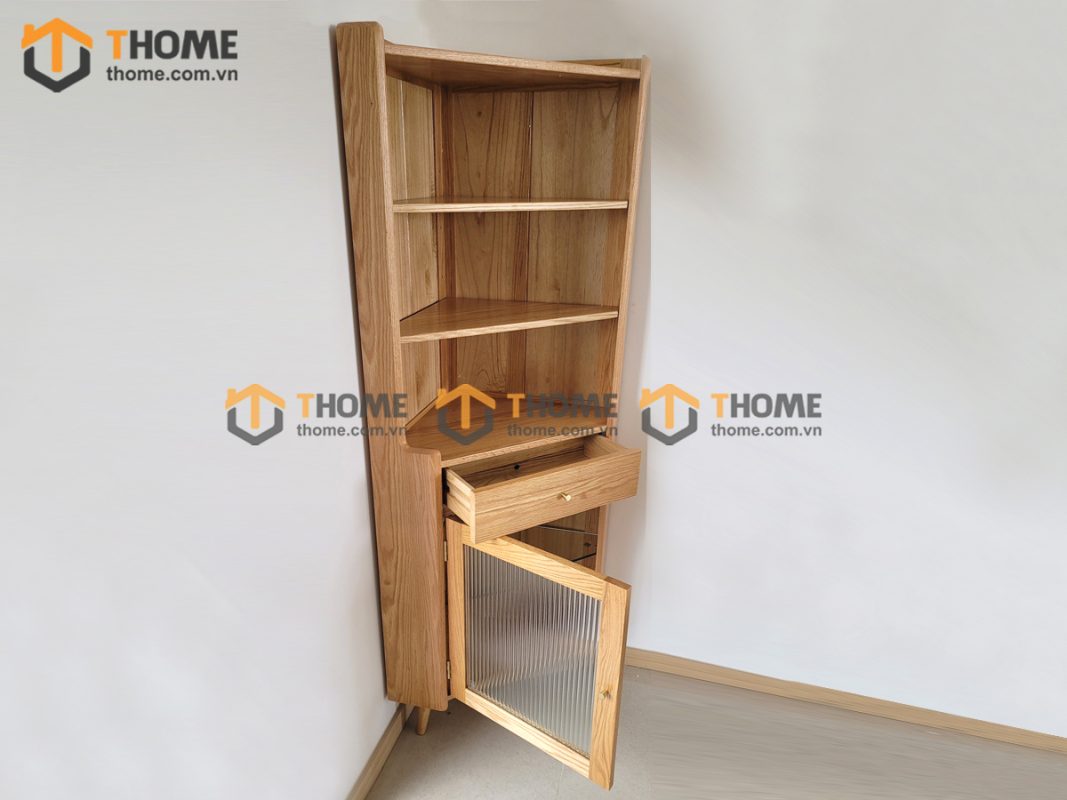 Tủ chén gỗ sồi tự nhiên 2 tầng góc 1 cánh 1 hộc kéo TC2T-07SN